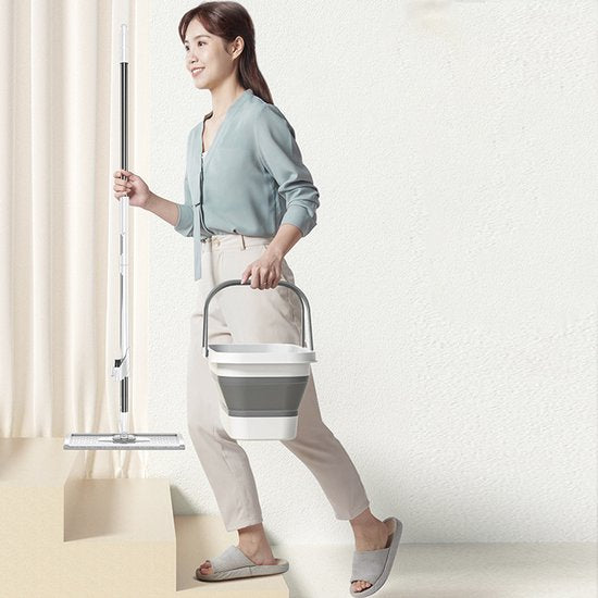 Fuegobird - Ensemble vadrouille et seau pliable - Seau pliable multi-usages - Avec kit d'essorage - Mains libres - Livré avec 4 vadrouilles lavables en microfibre - Humide et sec - Seau pliable - DWEIL