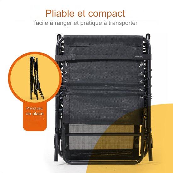 Lit de soleil pliable Dossier réglable Lounger - 5 supports - 188 x 56 x 29 cm - Coussin de tête inclus - Noir