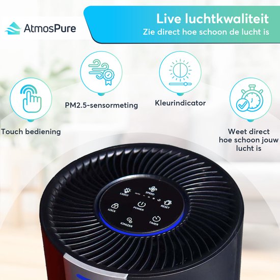AtmosPure® CleanAir Air Purifier - Purificateur d'air avec filtre HEPA 13 + filtre à charbon remplaçable - CADR 250 m³/h - Noir - Pour 98 m² - Lutte contre les acariens, le rhume des foins, les allergies, -3 modes + mode sommeil silencieux - Capteur de qu