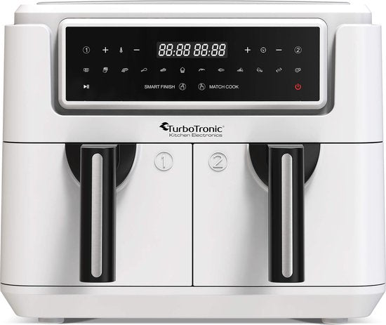 TurboTronic AF118 Double Airfryer XXL - Friteuse digitale à air chaud - Double panier - 7.6L - 2x 3.8L - 12 programmes - Ecran tactile - Blanc