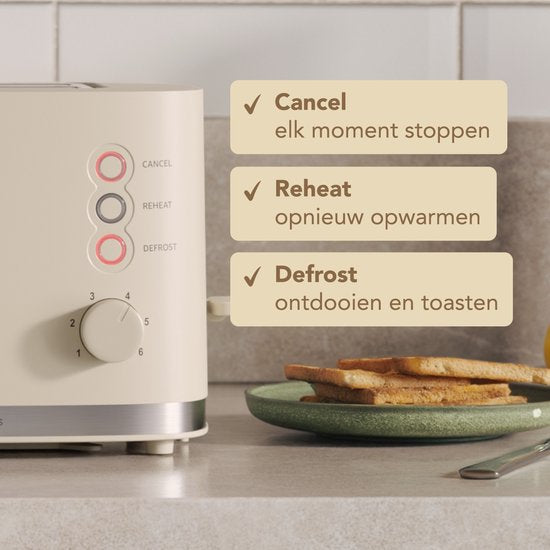 Grille pain - KitchenBrothers - Toaster - 6 niveaux de chaleur - 2 fentes extra-larges - 870W - Beige