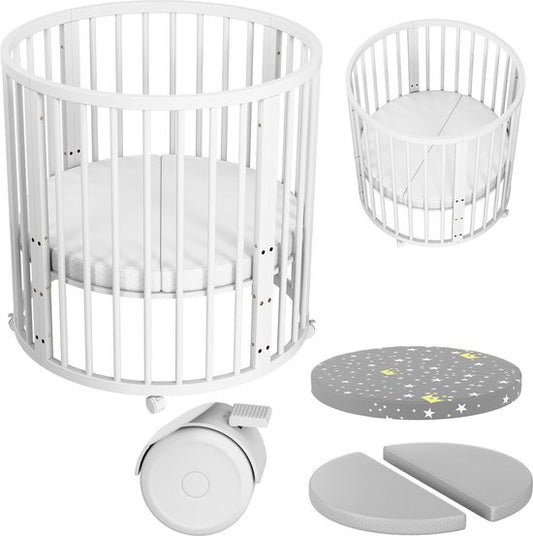 Flowsense Baby Box - Parc pour enfants rond - avec matelas - hauteur réglable - roulettes - blanc