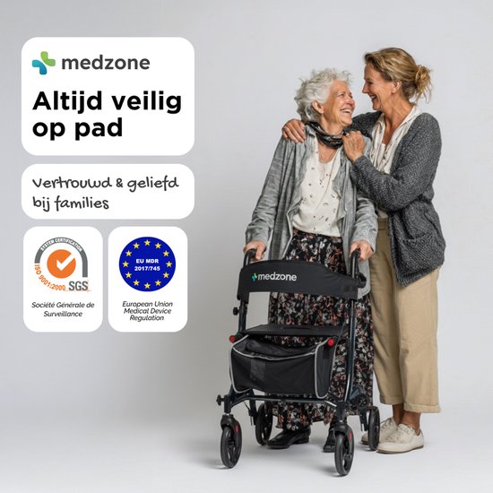 Déambulateur Medzone léger et pliable - intérieur et extérieur - fonction siège - dossier et support pour canne - noir