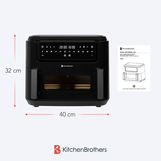 Airfryer XXL - KitchenBrothers - 9L - 2400W - Séparateur Snack - 10 Programmes de cuisson - 50ºC à 200ºC - Noir