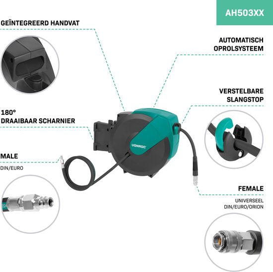 VONROC PRO Enrouleur automatique de tuyau d'air - Enrouleur d'air - Avec tuyau d'air de 15 mètres, tuyau d'alimentation de 1 mètre et kit de montage mural - 17 bar/250 PSI - Raccord universel EURO/DIN 7,2mm