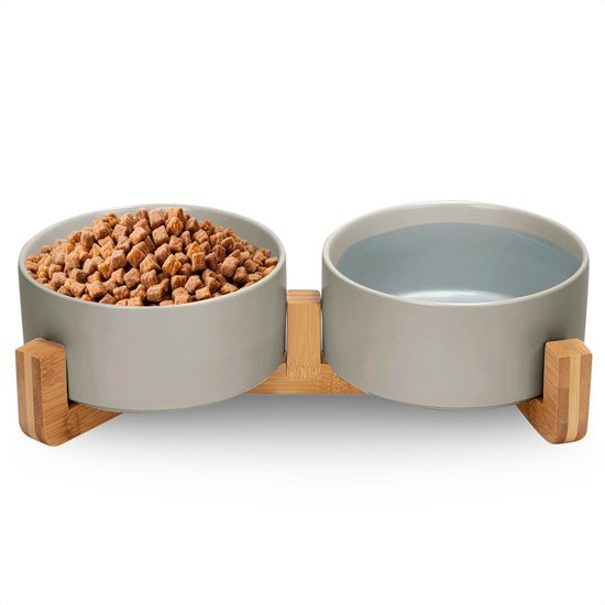 Jake and Jacky Feeding Bowl Dog and Cat Ceramic - Double Feeders with Stand - Drinking bowl - 2x 800 mL - Grey