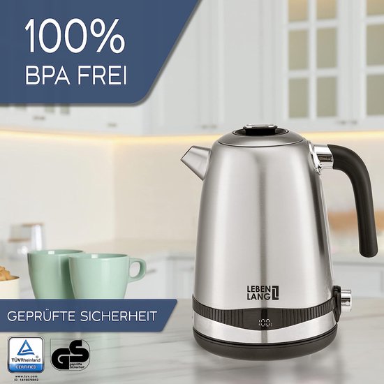 Bouilloire, acier inoxydable, réglage de la température, silencieuse, affichage de la température et fonction maintien au chaud, 1,7 litres & 2200 W, bouilloire électrique, bouilloire en acier inoxydable, rétro, sans plastique