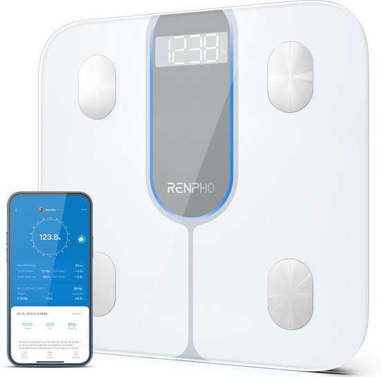 Renpho Elis 1C - Pèse-personne intelligent avec analyse du corps - 13 mesures - avec bluetooth et support d'application - Blanc