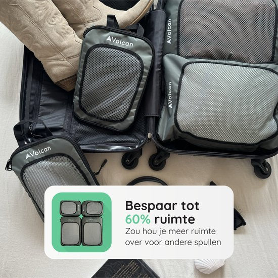 Cubes de compression Volcan - Organiseur de valise - Lot de 4 - Avec fermetures à glissière de compression - Pour sac à dos et valise - Vert botanique