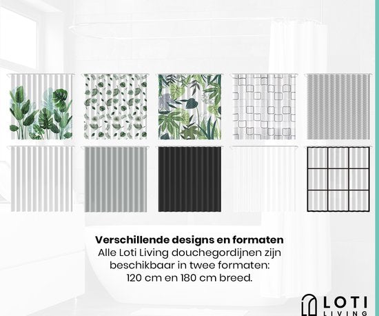 Loti Living Rideau de douche anti-moisissure - Gris - Anneaux inclus - Imperméable - Polyester - Rideau de douche 180x200 cm