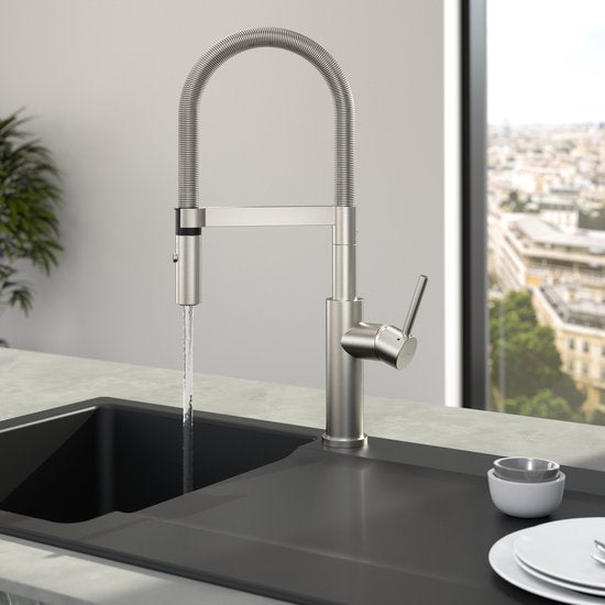 Villeroy & Boch Steel Expert 2.0 - Robinet de cuisine avec bec flexible et douchette extractible, acier inoxydable 928000LC