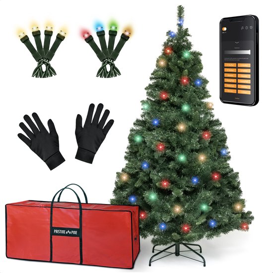 PristinePine Nordic Forest Fir - Arbre de Noël complet avec lumières LED (917 branches) - Arbre de Noël artificiel avec sac de rangement et gants - 280 lumières colorées et blanc chaud - Contrôlé via l'application - 180 cm
