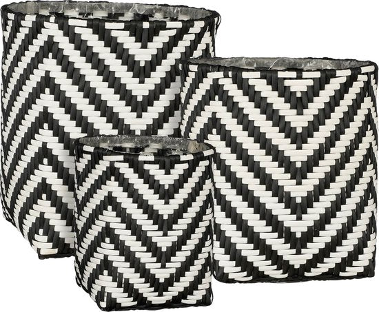 Mica Decorations Panier à plantes d'extérieur Merlin - Lot de 3 - H26 x Ø24 cm - Plastique recyclé - Noir, Blanc