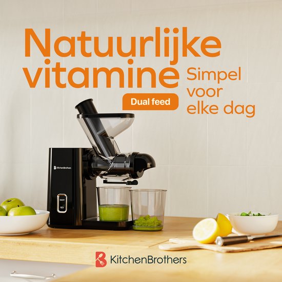 KitchenBrothers Slowjuicer - Mini presse-agrumes - Presse-légumes et fruits - Alimentation 40 mm et 50 mm - 400 ml - Noir
