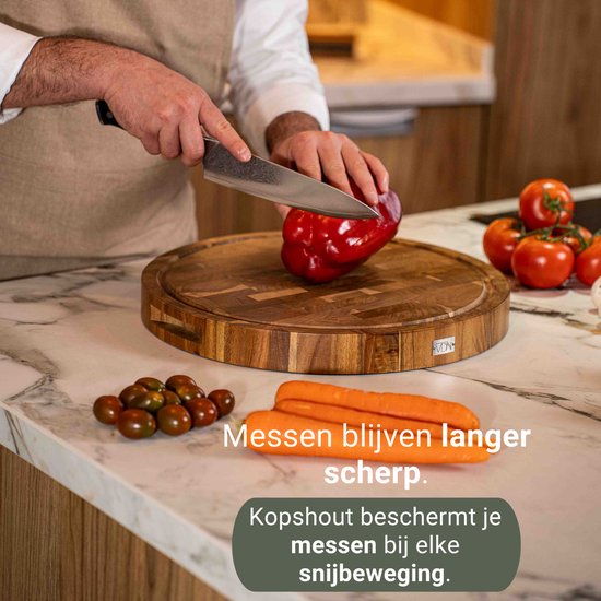 VDN Professional Cutting Board Round Acacia Wood with Juice Trench and Handles - Anti-slip Chopping Board with Holder Set - Chopping Block Headwood Ø 38 x 3.8 CM