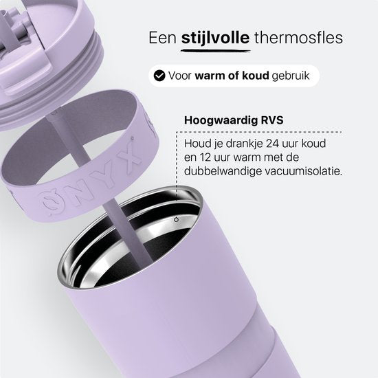 ONYX Bouteille à boire avec paille 700ML - Bouteille d'eau pour enfants et adultes - Mug Thermos Mug de voyage en acier inoxydable - Buvette de motivation - Tasse à boire pour l'école - Violet pastel