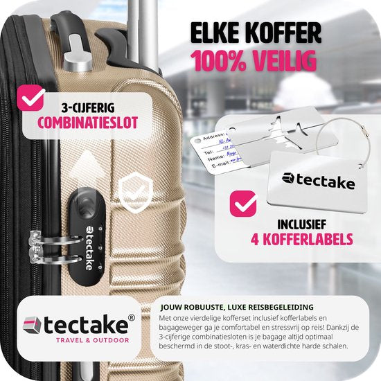 tectake® - Set de 4 valises à coque dure - Set de valises de voyage à roulettes - ABS - Poignée télescopique et serrure - Pèse-bagages inclus - Tailles des trolleys S-M-L-XL - Champagne