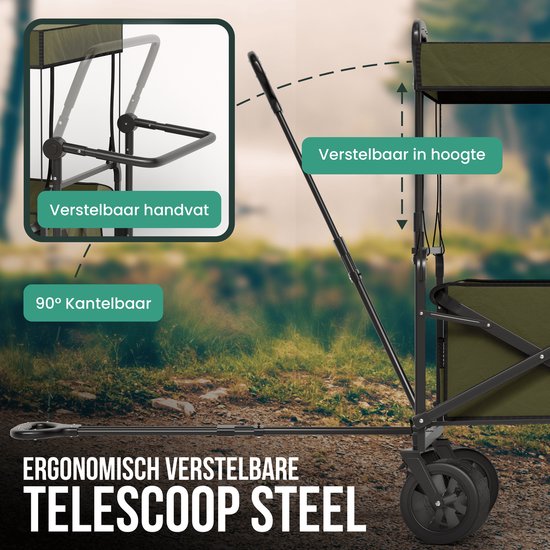 Avalo Bolderkar Avec Toit XL Pliable - Capacité de charge jusqu'à 110KG - 120L - 97x60x105 CM - Roues 360º - Bolderwagen / Bolderwagen / Chariot de plage / Chariot de randonnée / Bolderkar pliable - Pour la plage - Vert