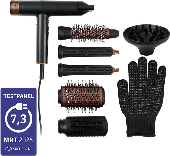 Princess Airstyler Pro 529205 - 7 en 1 - 2000 Watts - cordon de 1.8m - moteur BLDC - sac de rangement de luxe - gant de chaleur - multi styler - enveloppe de cheveux - lisseur de cheveux - sèche-cheveux - brosse chauffante - brosse Fohn - brosse à boucler