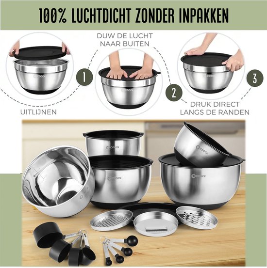 COOCK inox - Set de bols à mélanger avec couvercle - Bols à frire avec couvercle - Bol de stockage avec râpe - Bol pour salades et mélanges - Set de 22 pièces de 1,5 à 5 litres - Cuillères à mesurer incluses