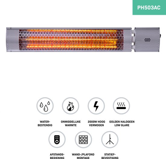 VONROC Chauffage d'ambiance de terrasse - Marsili 2000W - Haute efficacité - Argent - Ampoule à faible éblouissement - 2 niveaux de chaleur - Avec télécommande