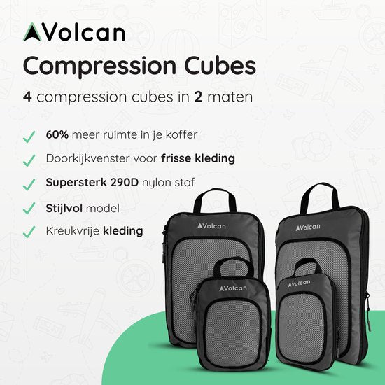 Cubes de compression Volcan - Organiseur de valise - Lot de 4 - Avec fermetures éclair de compression - Pour sac à dos et valise - Noir
