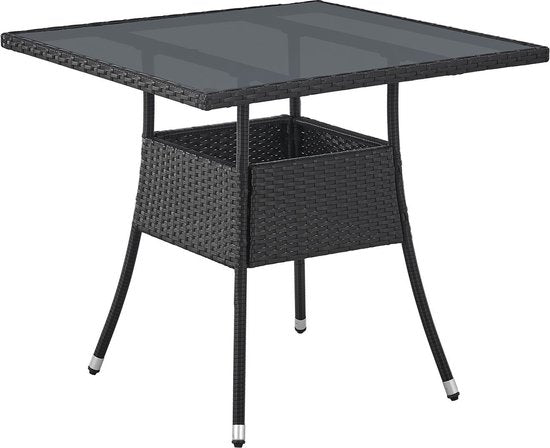 Juskys Polyrotan Table de jardin / Table d'appoint / Table de balcon Yoro - Carré - 80 x 80 cm - Noir - Plateau en verre inclus