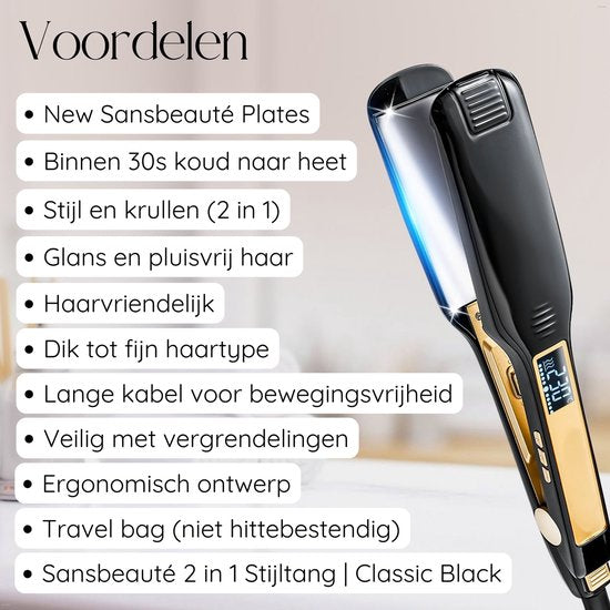 Sansbeauté® Professional Straightener - 2 in 1 - Curling tongs - Straighteners - Hair Straightener - Fast Warm-up - 80℃ to 230℃ - Straightening & Curling - ION technology