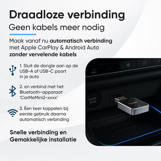 CarMe Mini 2-in-1 CarPlay Dongle V2 - Wireless CarPlay & Android Auto - USB-A & USB-C - Android Auto Dongle - Noir