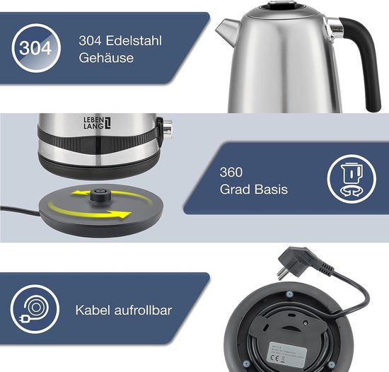 Bouilloire, acier inoxydable, réglage de la température, silencieuse, affichage de la température et fonction maintien au chaud, 1,7 litres & 2200 W, bouilloire électrique, bouilloire en acier inoxydable, rétro, sans plastique
