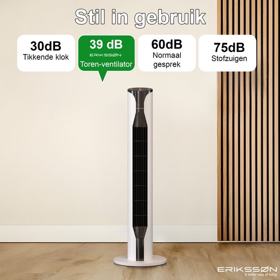 Erikssøn Ventilateur de tour - Silent Comfort Series - Ventilateur de sol avec télécommande - Minuterie - 55W - 39 dB - 106cm - Blanc