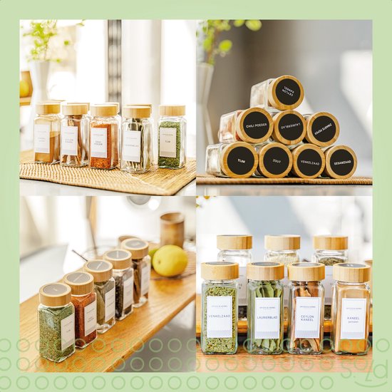 S.old - 36 pots à épices en verre carrés avec couvercle en bambou - Diffuseur d'épices - Set complet avec couvercles à saupoudrer, autocollants préimprimés et entonnoir - Capacité 120 ml - 10,5 x 4,3 cm