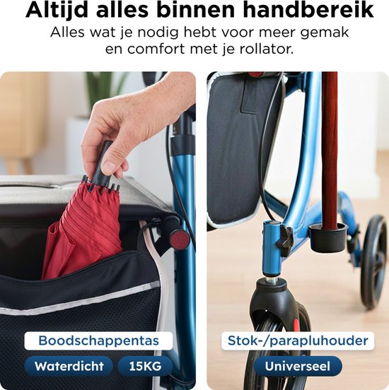 Déambulateur Medzone léger et pliable - fonction assise - intérieur et extérieur - dossier et support de canne - bleu