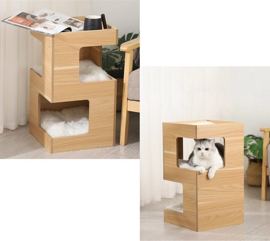 Livista® - Maison pour chat - Couleur bois naturel - 60x30x30 cm - Matériaux de haute qualité - Avec coussin