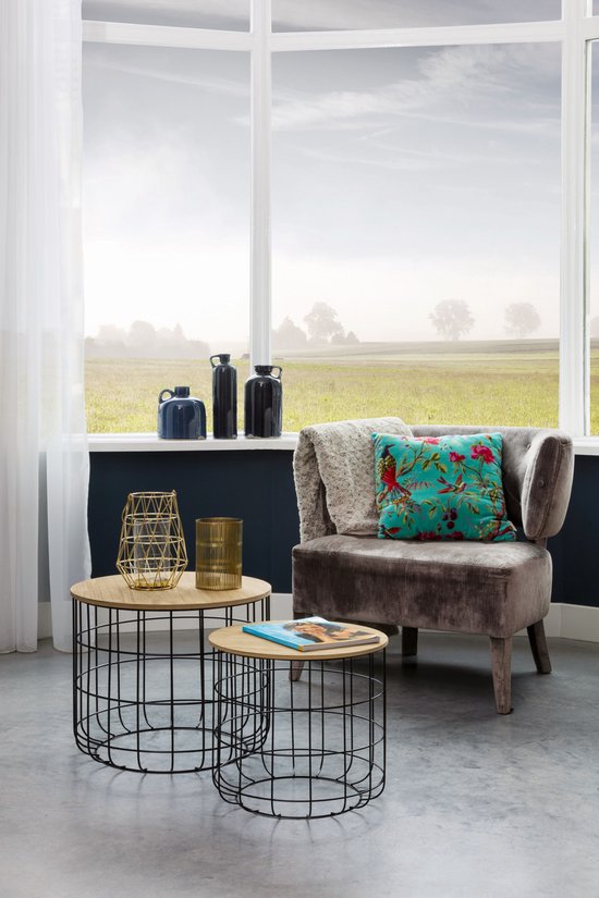 LIFA LIVING Table d'appoint moderne - Lot de 2 - Noir - Métal et bois - Rond - Plateau amovible - Panier de rangement - Stable