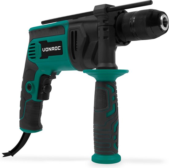 VONROC PRO Perceuse à percussion 850W - Ø13mm - mandrin métallique à action rapide - vitesse variable - câble caoutchouc 3m - Butée de profondeur et poignée additionnelle incluses