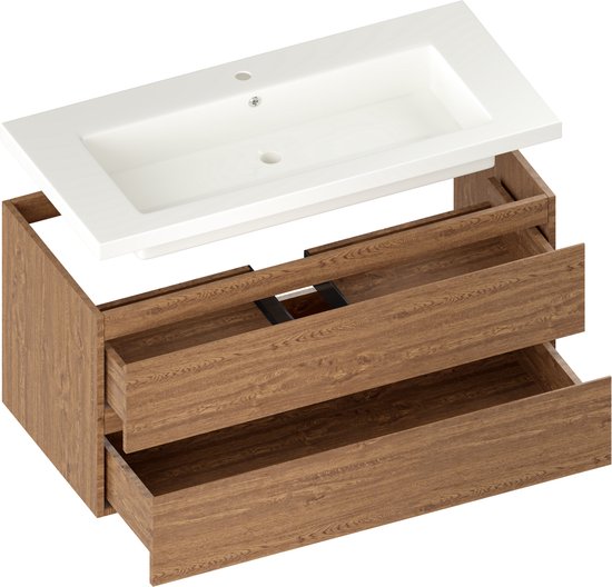 Mirlux Meuble de salle de bains Chêne chaud 100 cm - Lavabo Blanc - Ensemble de meubles de salle de bains - Meuble lavabo Chêne chaud