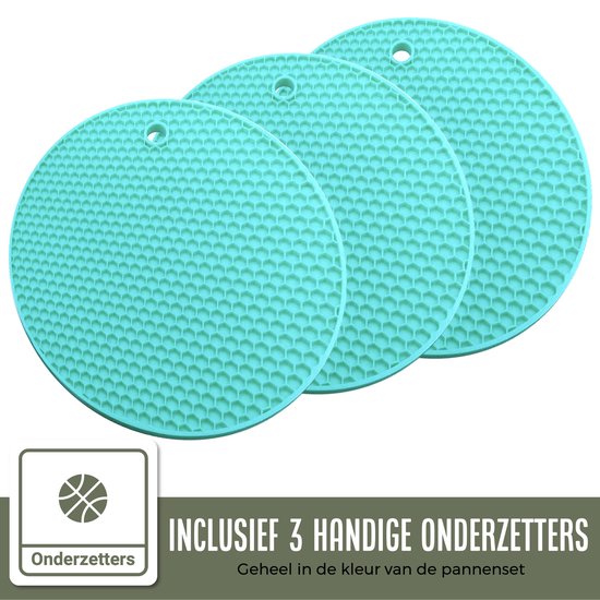 COOCK Batterie de cuisine à induction 19 pièces - Revêtement spécial antiadhésif - Poignées froides ergonomiques - Aluminium recyclé - Ensemble de poêles - Ensemble de casseroles - Turqoise (vert) - Sous-verres et livre électronique inclus