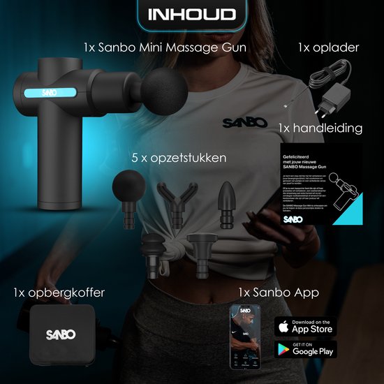 Sanbo Massage Gun Mini Gen 2 - Avec 5 accessoires et 6 étapes - Appareil de massage sportif et relaxant - Pistolet de massage - Professionnel - Noir
