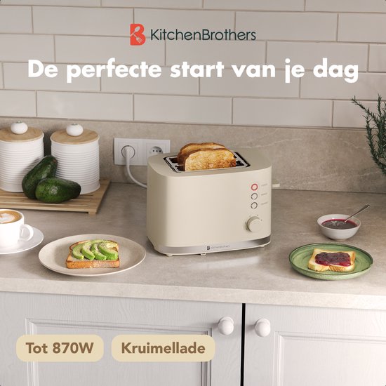 Grille pain - KitchenBrothers - Toaster - 6 niveaux de chaleur - 2 fentes extra-larges - 870W - Beige
