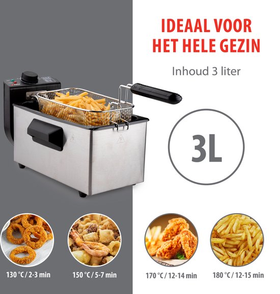 alpina Fryer - Poêle à frire - 3 litres - 2000 Watt - Acier inoxydable - Avec bouton thermostatique