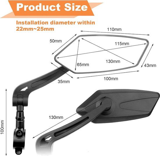 Garpex® Set of 2 - Bicycle Mirror Right and Left - Rear View Mirror Bicycle - Bicycle Mirror ebike - Adjustable Design
