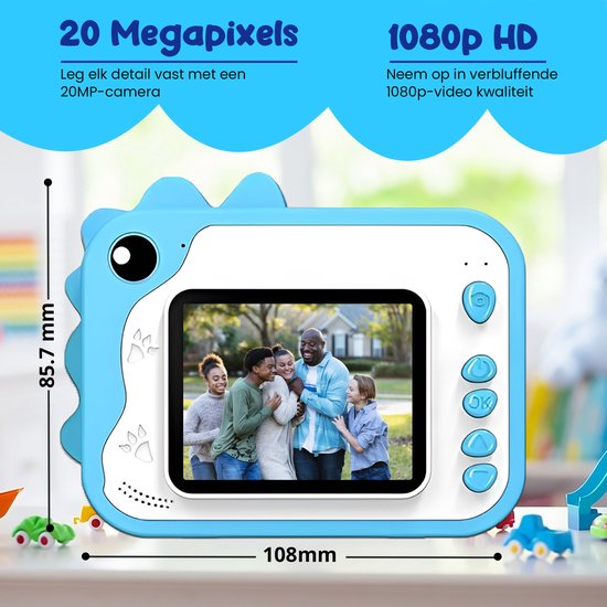 K&L® 3 IN 1 Digital Kids Camera + Instant print + play camera - 32GB micro sd card - camera kids - Vlog camera with games - Photo camera for kids - Small size toy - With video function - Blue