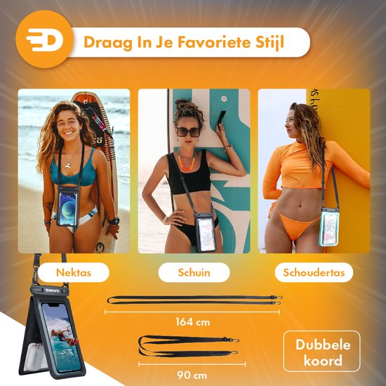 Drivv. Étui étanche pour téléphone 2 en 1 avec cordon - Universel jusqu'à 6,7 pouces - Étui étanche pour téléphone - Noir