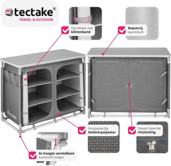 tectake® - Armoire de camping 97x47,5x78cm - Pliable - Compartiments verrouillables - Plans de travail robustes - Poches latérales pratiques - gris