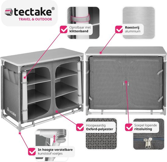 tectake® - Armoire de camping 97x47,5x78cm - Pliable - Compartiments verrouillables - Plans de travail robustes - Poches latérales pratiques - gris