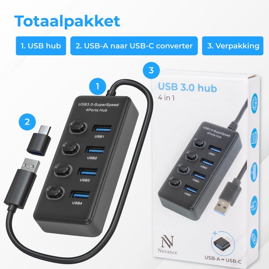 Nuvance - Hub USB 3.0 - 4 ports - Répartiteur - Hub/adaptateur USB C - Universel - Interrupteur marche/arrêt - Noir