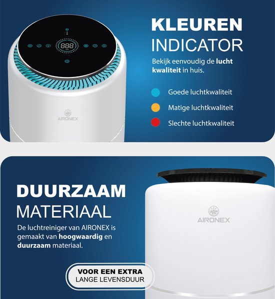 Purificateur d'air Aironex avec filtre HEPA - 40 m2 - Convient au salon, à la chambre à coucher, au bureau, à la chambre de bébé - Indicateur de la qualité de l'air - Fonctionne contre les acariens, le rhume des foins, les allergies, la poussière - Élimin