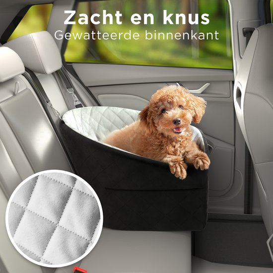 CozySense® Siège auto pour chien - Panier auto pour petit chien - Siège avant et arrière - Avec sangle de sécurité, compartiment de rangement et housse lavable - Noir/Gris