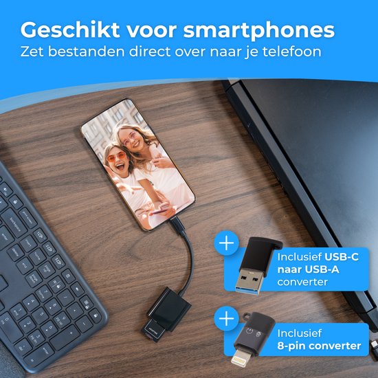 Nuvance SD Card Reader - Lecteur de cartes SD USB C - Lecteur de cartes - Convertisseurs Usb & 8-Pin inclus - Lecteur de cartes mémoire Micro SD - Noir